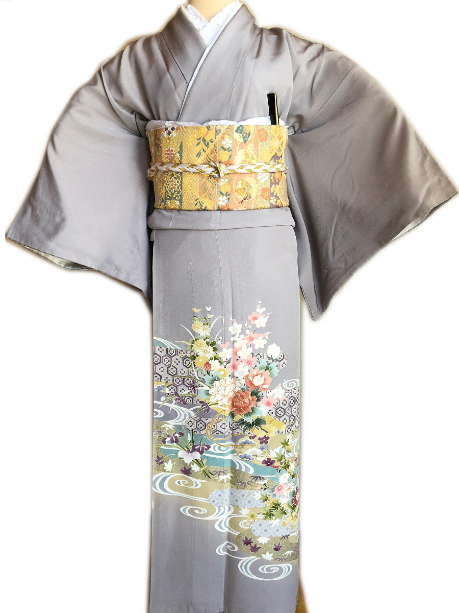 レンタル色留袖■グレー地 流水に菖蒲亀甲柄と鮮やかな赤白色牡丹や桜花■irotome6【往復送料無料】 - 画像2