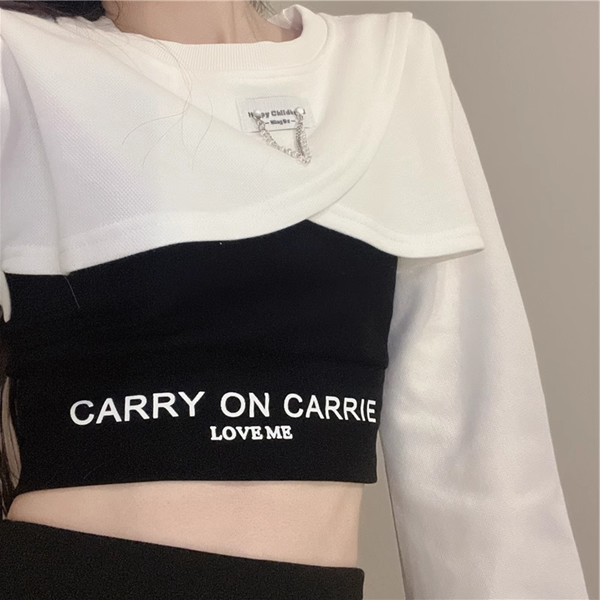 ３色展開 シックな香港スタイルのベスト レディース トップス ロンT カットソー セーター ベスト キャミソール Tシャツ ショート クロップド丈 長袖 ラグラン ラウンドネック カシュクール 細身