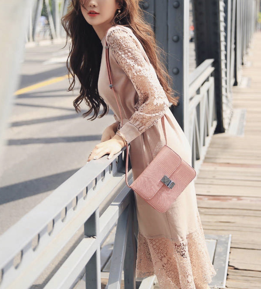 ニットレース切替ワンピース ピンク Mitoreru