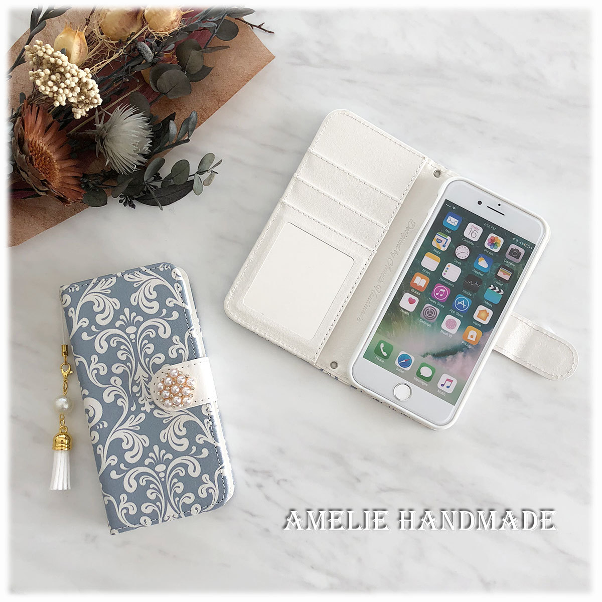 Damaskブルーグレイwithタッセル 手帳型アイフォンケース 鏡付き オリジナルスマホケース Amelie Handmade