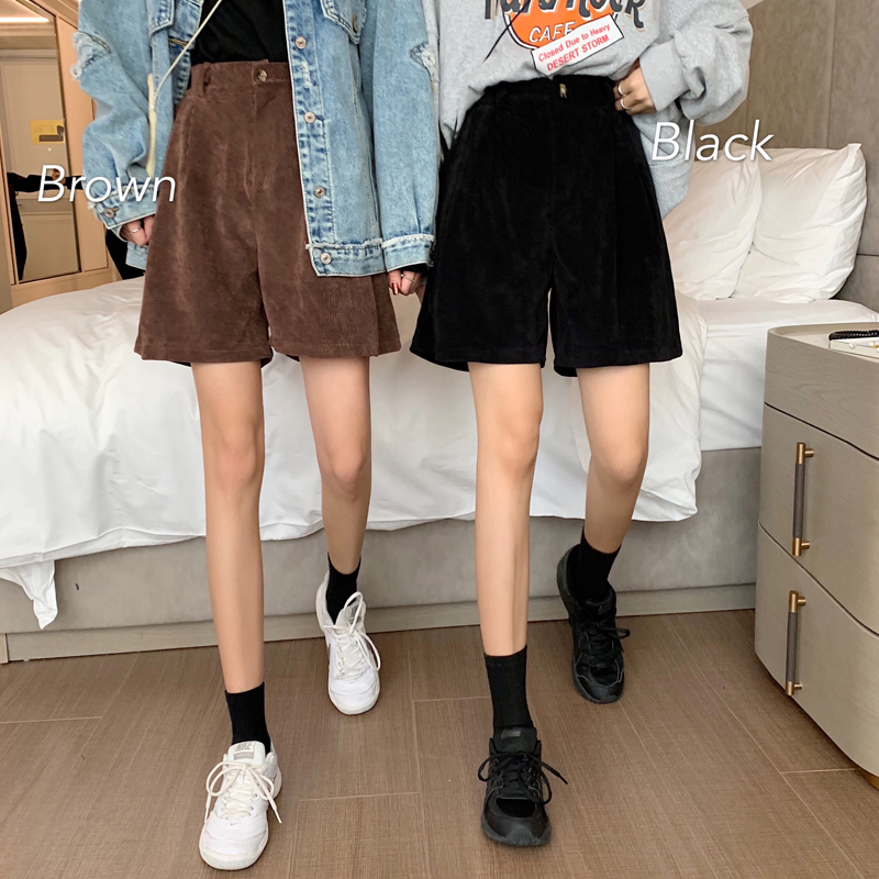 パンツ 秋冬 コーデュロイ ハーフ パンツ ハイウエスト ワイドレッグ