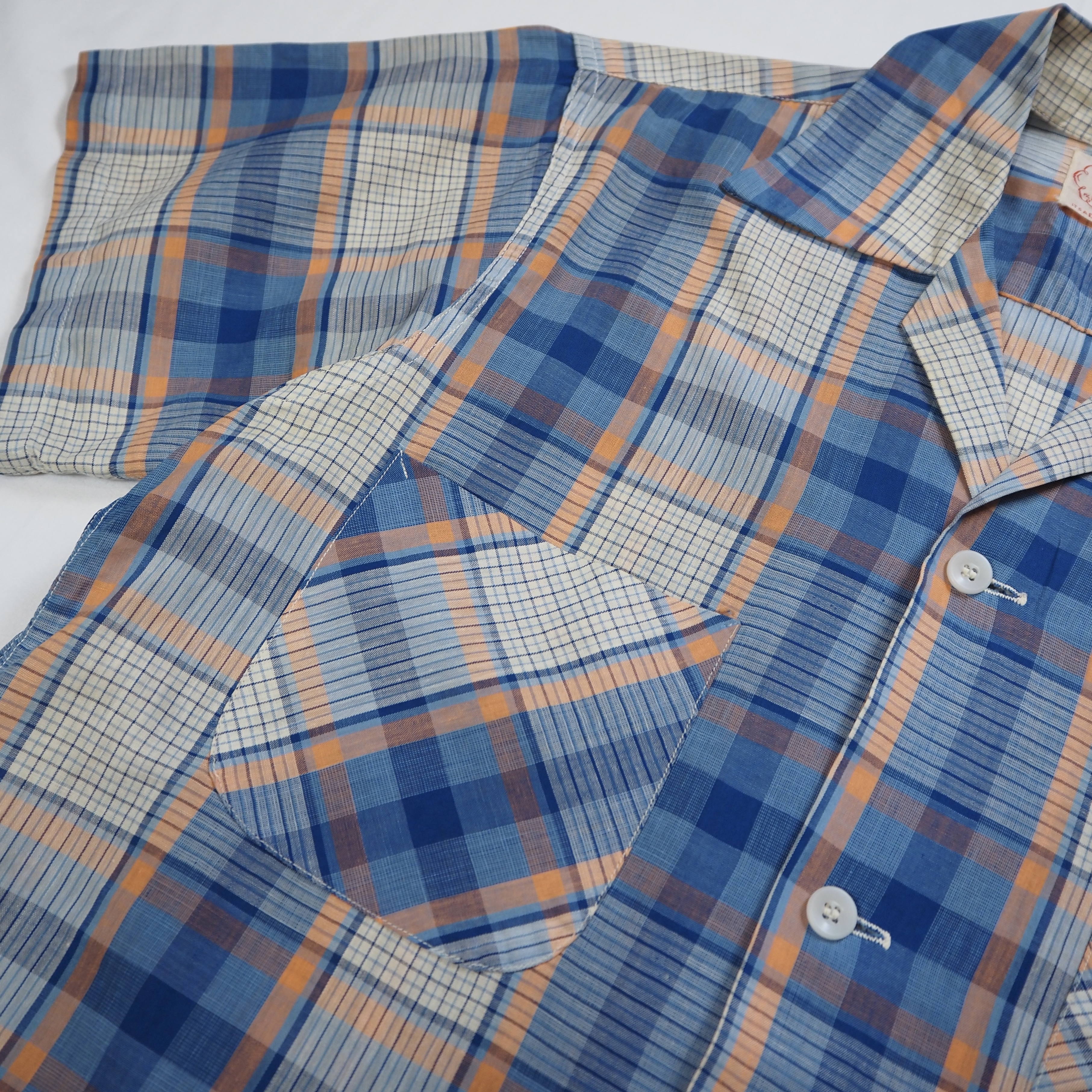 50’s Pilgrim 半袖コットンシャツ ブルー×オレンジ Sサイズ の画像 5