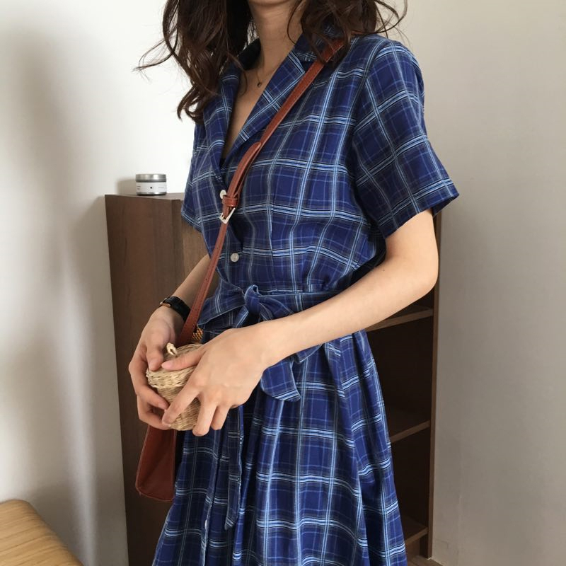 レトロ エレガント カジュアル チェック柄 ロングワンピース Macaron