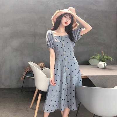 ワンピース スクエアカラー シフォン 夏 レトロ ドット 水玉 パフスリーブ バブルスリーブ フェミニン きれいめ ブルー 水色 プチプラレディースファッション通販 Yboueki