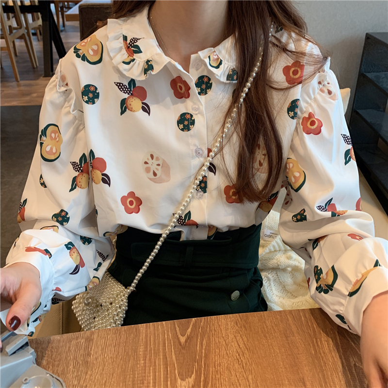ワイシャツ ボタン 食べ物 シャツ カットソー 柄 プリント 長袖 個性的 かわいい ゆめかわ トップス 原宿 個性派 オルチャン 韓国ファッション 9 Sweetly