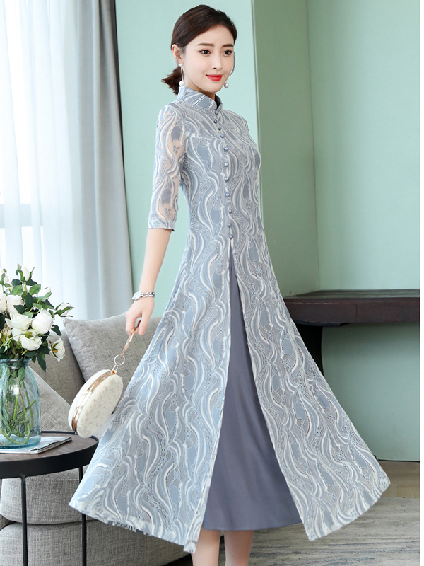 アオザイ ベトナム 民族風 ロングドレス サイドスリット 五分袖 スタンドネック ワンピース 二次会 花嫁 謝恩会 デート お呼ばれ ブルー レッド ブラック 大きいサイズ S M L Ll 3l 4l Dresszone