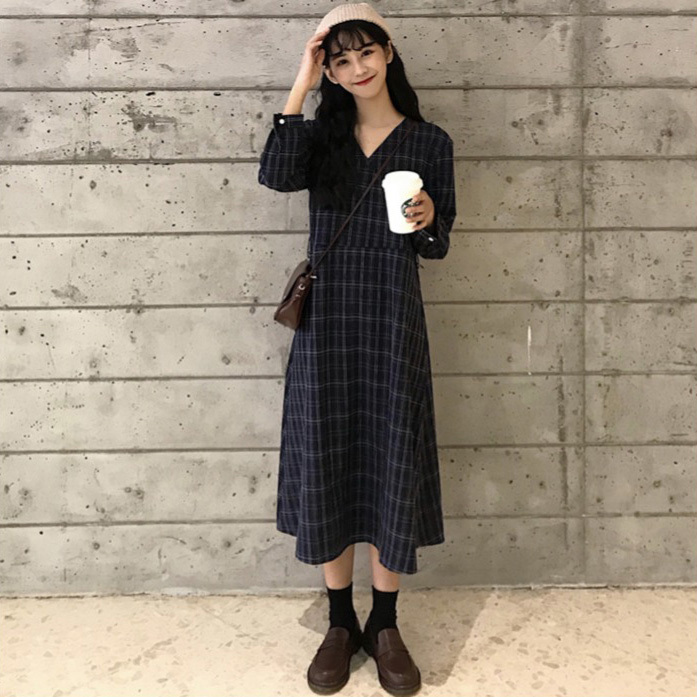 ワンピース チェック柄レトロ春秋気質よい文芸スタイルvネック着痩せロングワンピース 代プチプラレディースファッション通販 若い女性ファッションサイトsaypretty