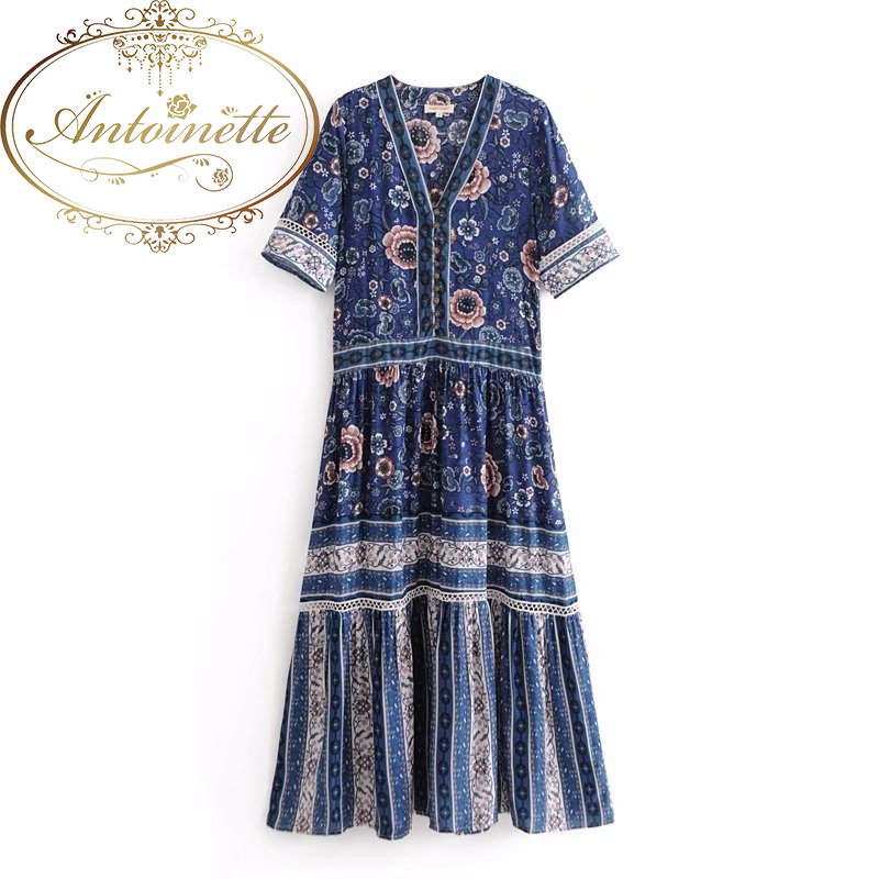 レディース ワンピース リゾート かわいい ワンピ チュニック 長袖 エスニック アジアン 花柄 タッセル 青 大きいサイズ マキシ Antoinette