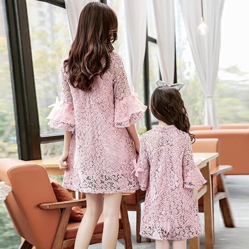 ミニ丈 ワンピース 親子コーデ 女の子 レディース キッズ ママ レース ピンク ホワイト 1 140cm M L Xl リンクコーデ Ysk56 海外子供服専門通販サイト リーファ