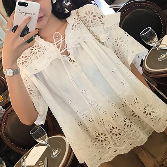 5分袖スカラップレース チュニックブラウス チュニックシャツ コットンブラウス レースブラウス花柄レース総レース コットンレース Choco Chaco