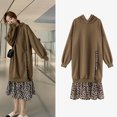 ワンピース ヒョウ柄 アニマル柄 カーキ ブラウン フード パーカー レイヤード カジュアル 楽ちん ゆったり 長袖 プルオーバー 豹柄 プチプラレディースファッション通販 Yboueki