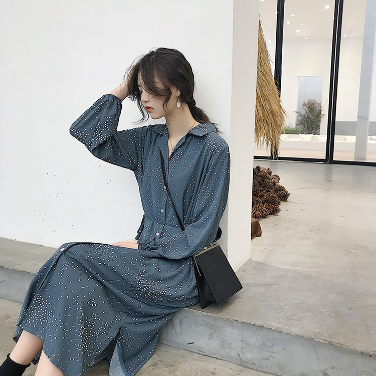 開襟 ワンピース 長袖 シフォン ドット柄 レトロ シック ミモレ丈 春秋 Wearhouse