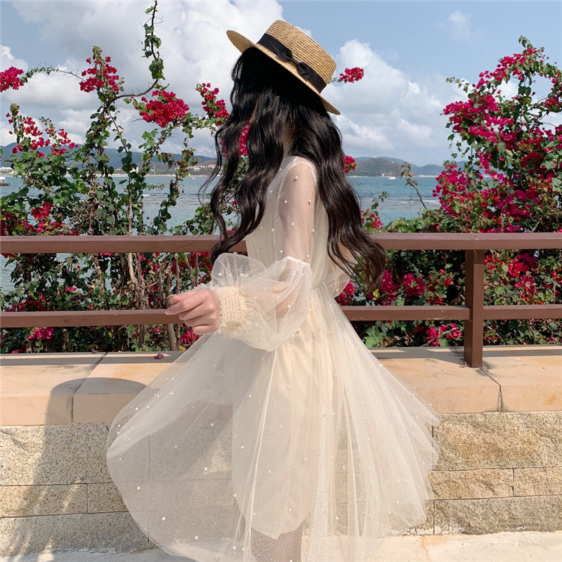 パール付き メッシュ シフォンワンピース 2色 シースルー ワンピース 長袖 ランタンスリーブ クルーネック 膝丈 カジュアルドレス パーティー ガーリー シンプル More Lluze モア ルーゼ