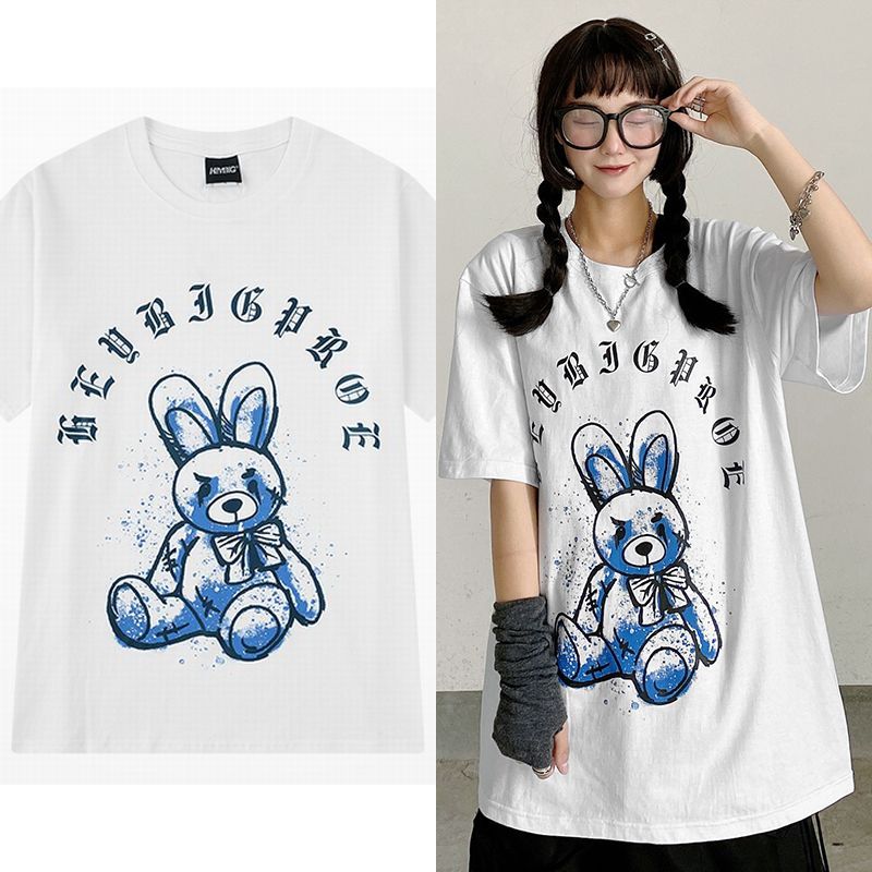 韓国ファッション Tシャツ ユニセックス Tシャツ 半袖 メンズ レディース ラウンドネック 落書き ぬいぐるみ ウサギ ラビット プリント オーバーサイズ 大きいサイズ ルーズ ストリート