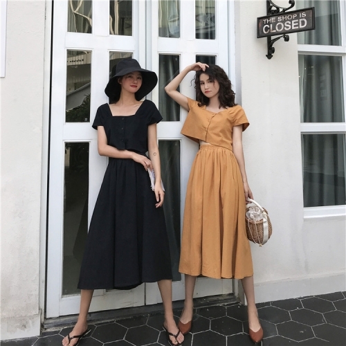 ワンピース セットアップ スクエアネック きれいめ 半袖 ロングスカート マキシ丈 オルチャンファッション 韓国ファッション 韓国 ファッション Ol Chan