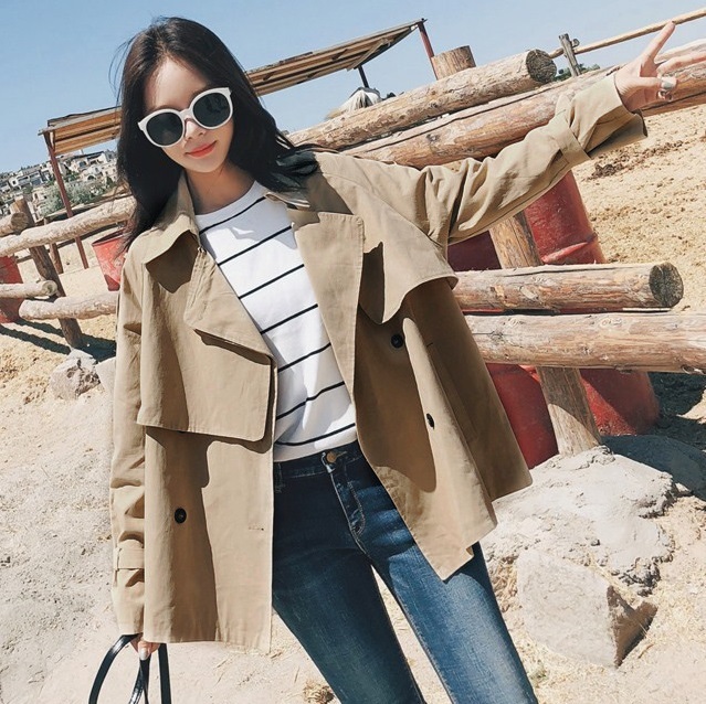 トレンチコート ショート ダブルブレスト ベルト 長袖 アウター