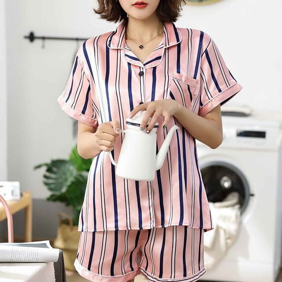 ストライプ ピンク サテン シルク風 半袖 上下 セットアップ ルームウェア パジャマ Popsite3 レディース メンズ かわいい 可愛い かっこいい 運動 ダイエット アパレル 服 アクセサリーなど