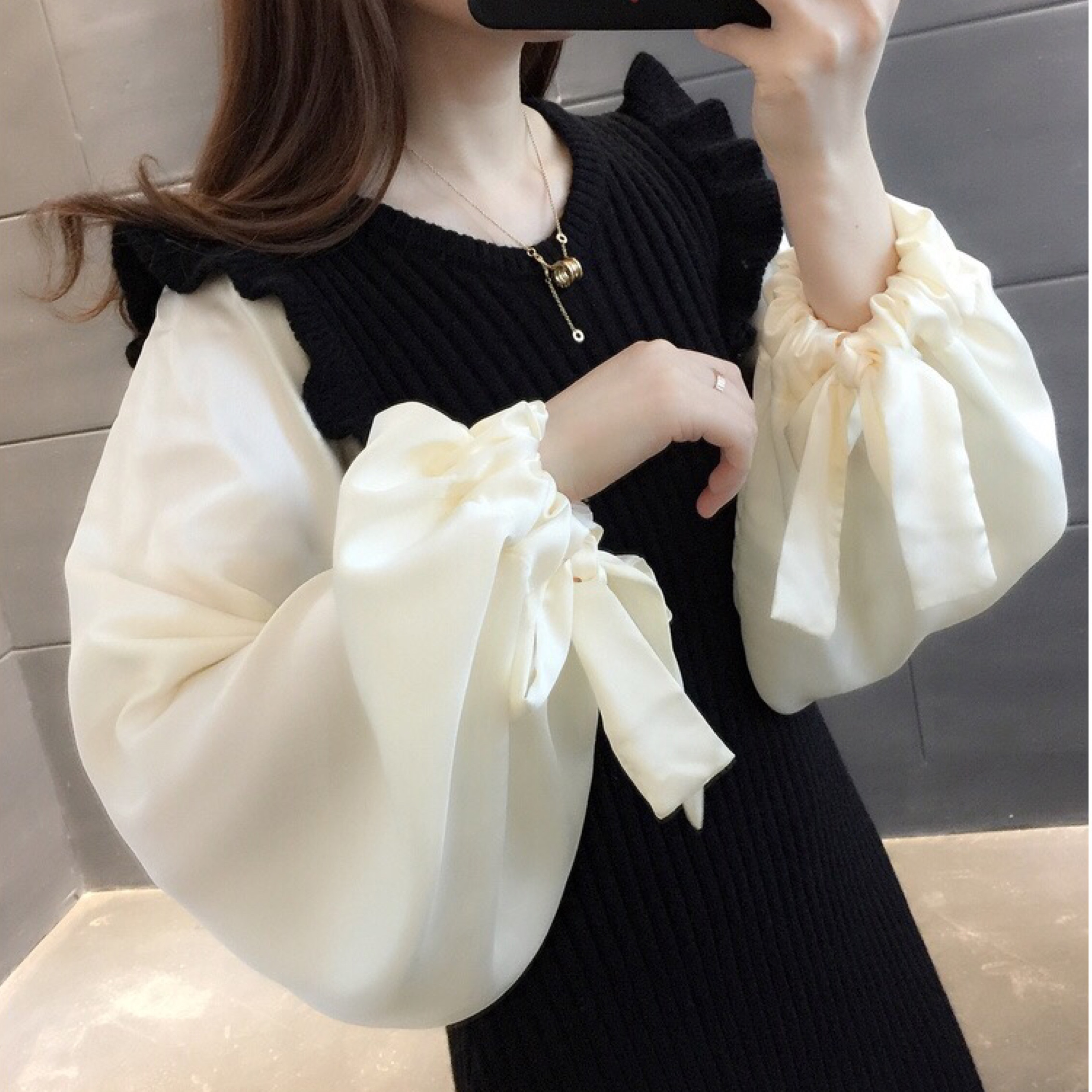 フェミニン 袖ブラウスドッキングニットワンピース A0585 Retro N