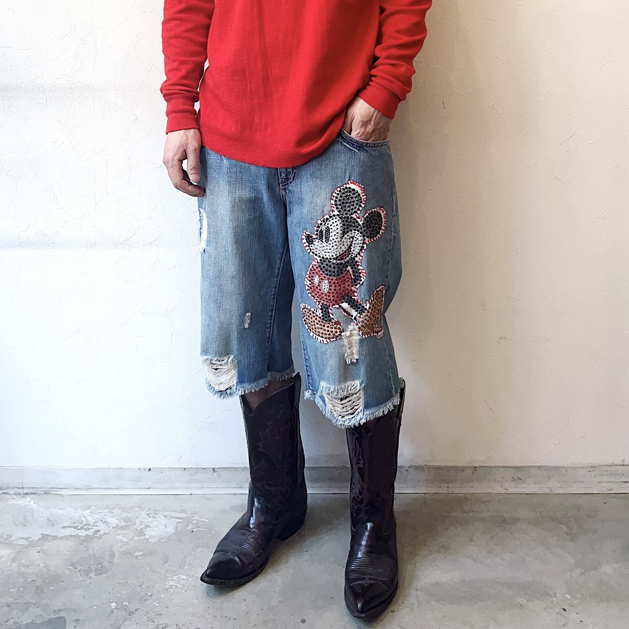 Y2K【POLO JEANS CO.】"Mickey Mouse" Cut Off Denim Pants の画像 3