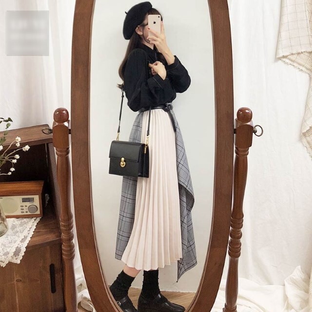 レトロ感がおしゃれ プリーツスカート 秋冬 アシメ 格子縞 韓国 薄手 シャツツーピース エレガント 海外のおしゃれな大人のレディース ファッション通販サイトhanano Emon