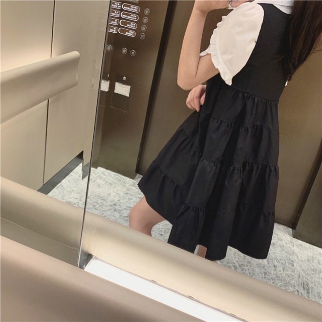 レディース ワンピース ノースリーブ ティアードスカート ミニ丈 膝上丈 キュート 大人女子 可愛い ブラック 黒 S M サイズ Manajily オルチャン 韓国 プチプラレディースファッション