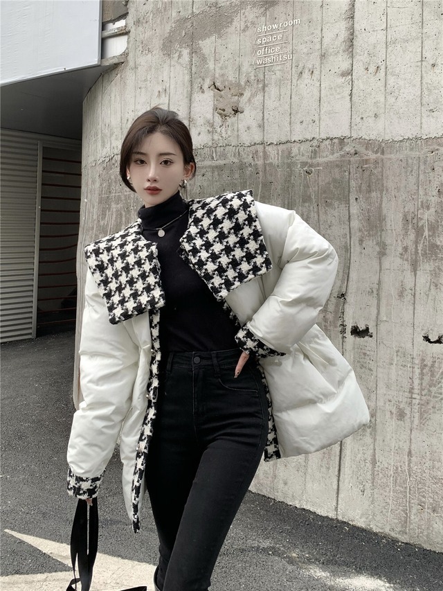 美品♡2way♡ダウンジャケット♡ベスト♡千鳥柄♡ホワイト♡ネイビー♡S Qoo10] レディース 千鳥格子柄カラーステッチ ダ