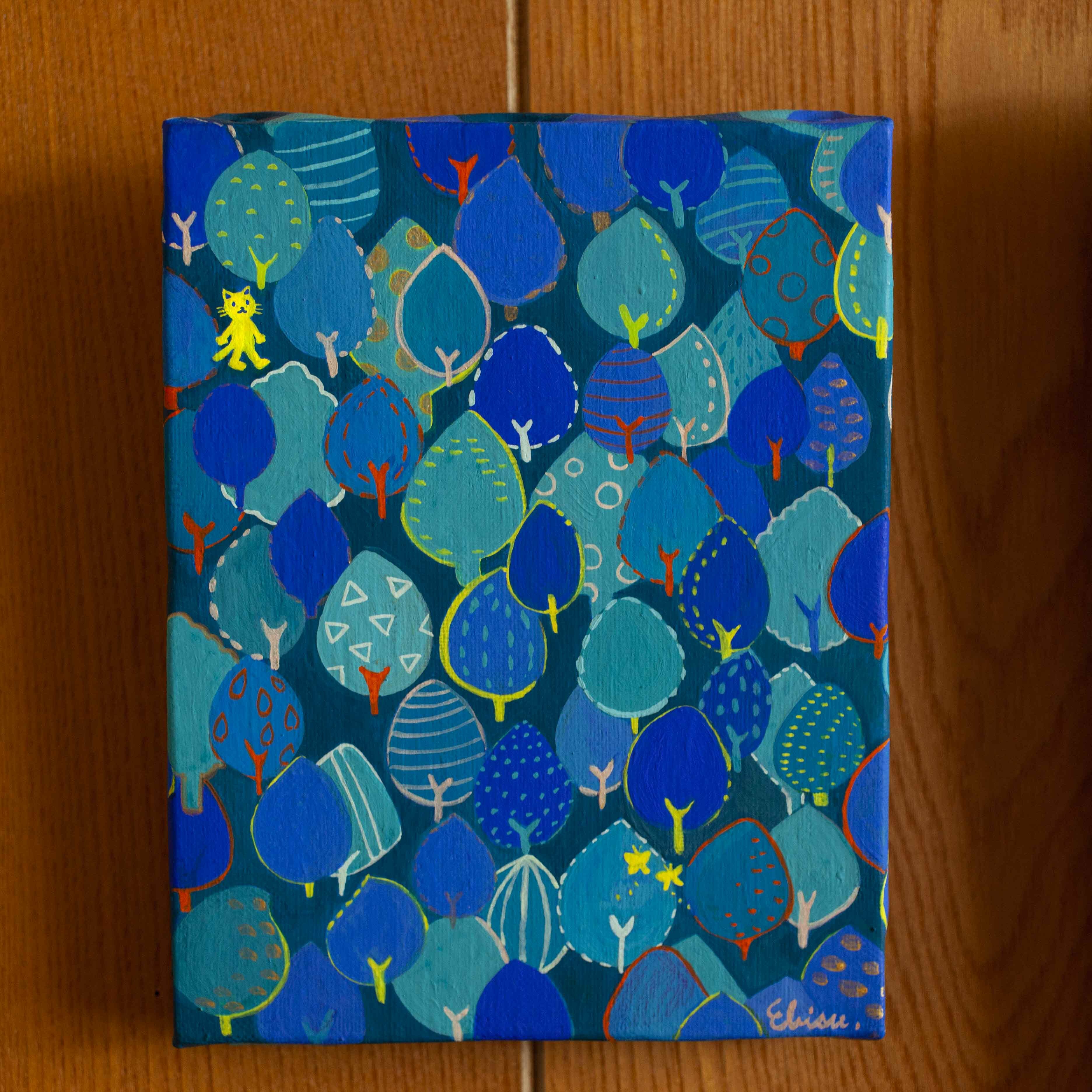 青の森 絵画 アート 猫 ネコ ねこ アクリル絵の具 イラスト 森林 青色 青 ブルー 森 森のアトリエ