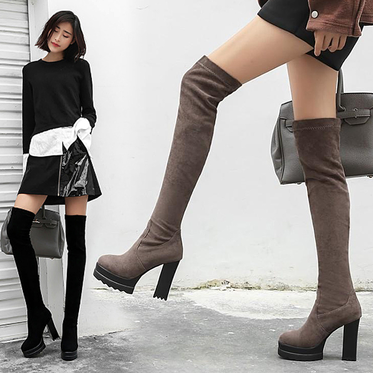 ニーハイブーツ ストレッチブーツ スエード ハイヒール 太ヒール 厚底 サイズ豊富 美脚 きれいめ フェミニン こなれ感 秋冬 デート お出かけ Sh 1186 街角のカフェテラス