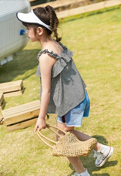 ギンガムチェック キャミ トップス デニム ショート パンツ 110 150cm 夏 ノースリーブ 涼しい コーデ チェック柄 フリル ボトムス 19s S 夏服 韓国 子供服 女の子 ガールズ キッズ S077 A Dear Child