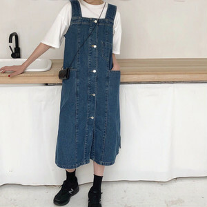 送料無料 セットアップ ロング丈 デニム ジャンパースカート ワンピース 白tシャツ カジュアル 2点セット 4708 大きいサイズ韓国レディースファッション 可愛い韓国子供服通販ならaliceholly