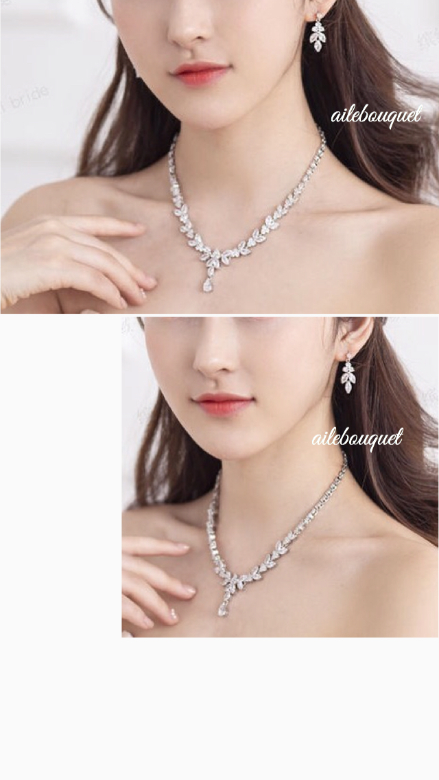 ウェディング ネックレス ピアスセット ジルコニア ビジューピアス ブライダルピアス ウェディング アクセサリー クリスタル シルバー 結婚式 Cz Aile Bouquet