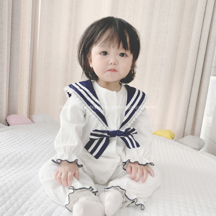 50 90 ロンパース カバーオール 学生服風 長袖 フリル ベビー 韓国風 可愛い 女の子 男の子 ベビー 子供服 Q Toworld キュートワールド 子供服 メール便は何点でも送料の合計は280円