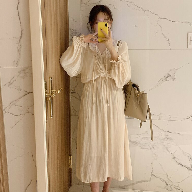 ロングドレス フリル ワンピース 長袖 エレガント フロントリボン ホワイト 秋 冬 レトロ ナチュラル 韓国 オルチャン Like Fashion プラス