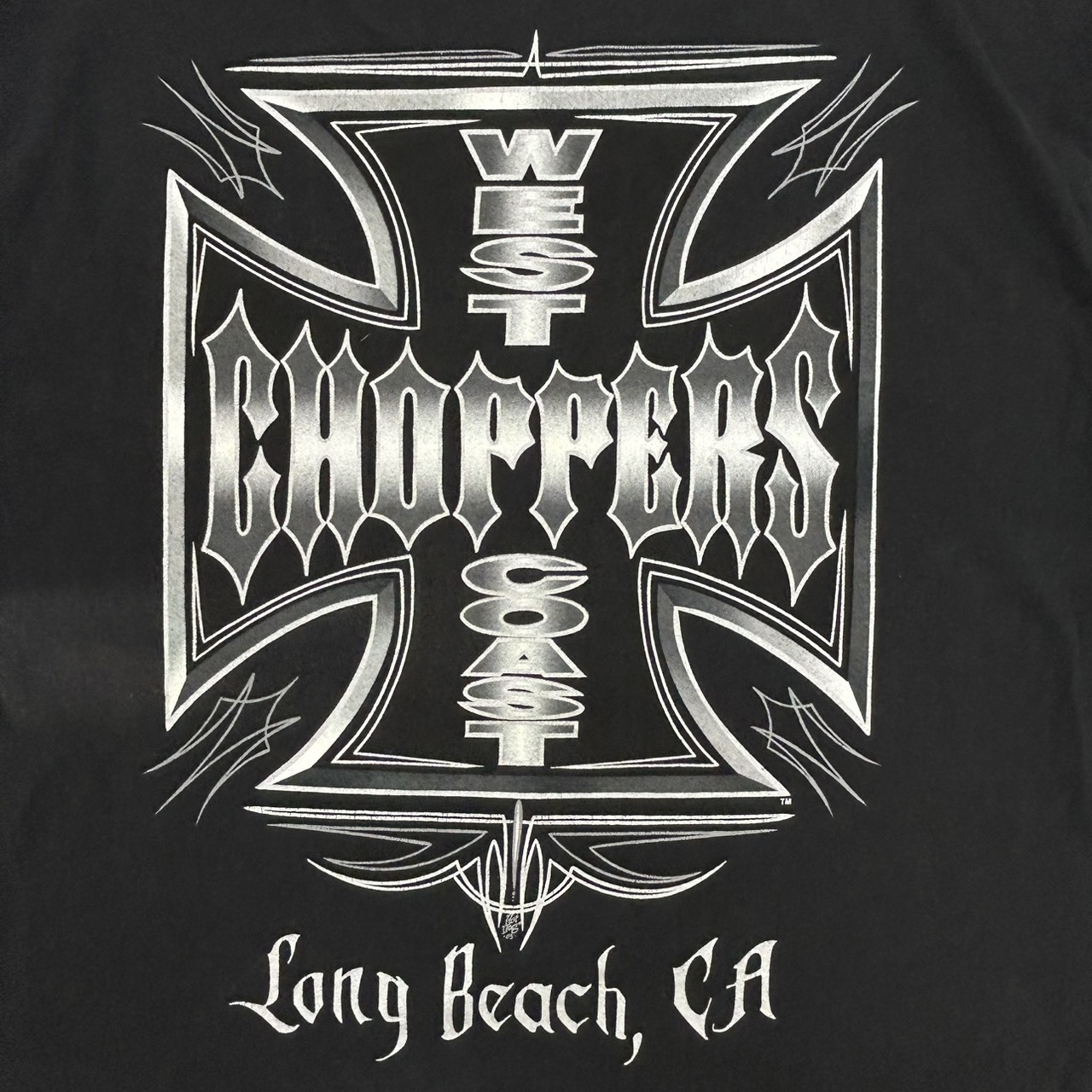 00s WEST COAST CHOPPERS ウエストコーストチョッパーズ アイアンクロス ロゴプリントTシャツ ブラック ヴィンテージ 古着 バイカーT XL の画像 6