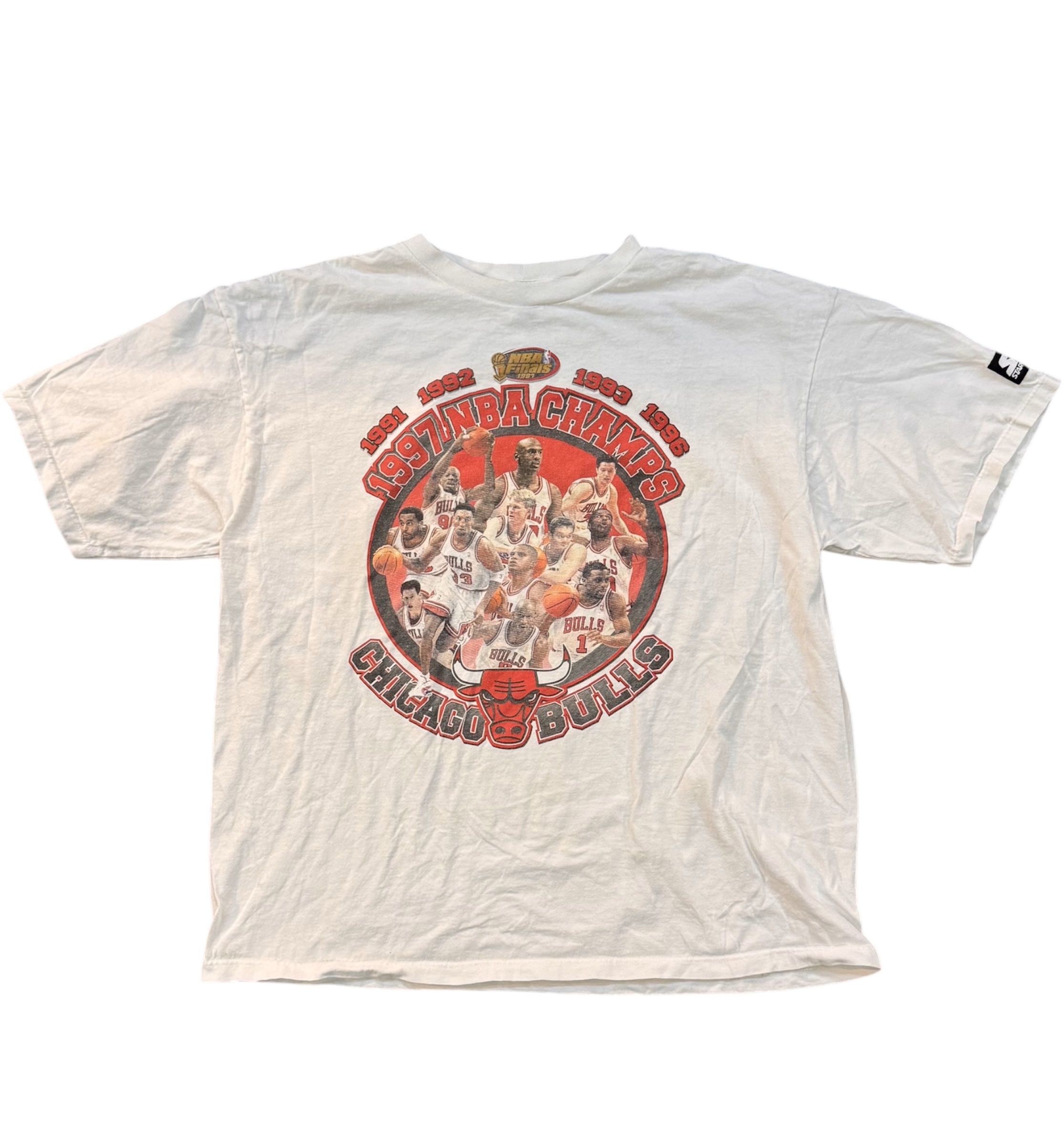 【CHICAGO BULLS】シカゴ・ブルズ 97’s NBA FinalsヴィンテージTシャツ USA製 STARTERタグ WHITE XL