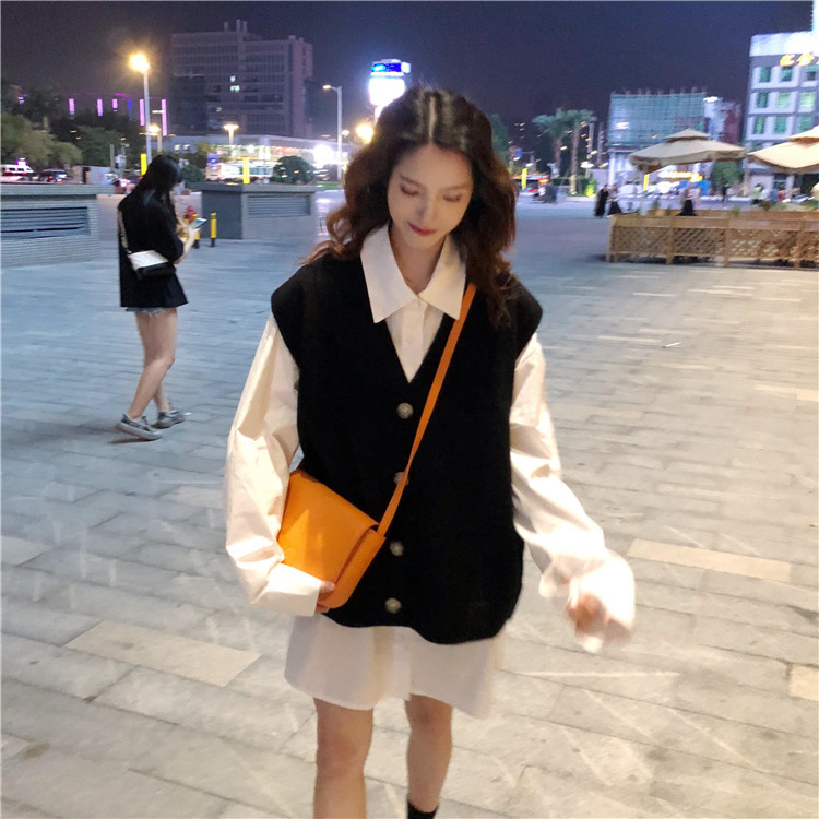 ルーズベスト 学生風 Vネック フロントボタン ビッグサイズ ルーズ感 ソリッドカラー オルチャン レディース Manajily オルチャン 韓国 プチプラレディースファッション