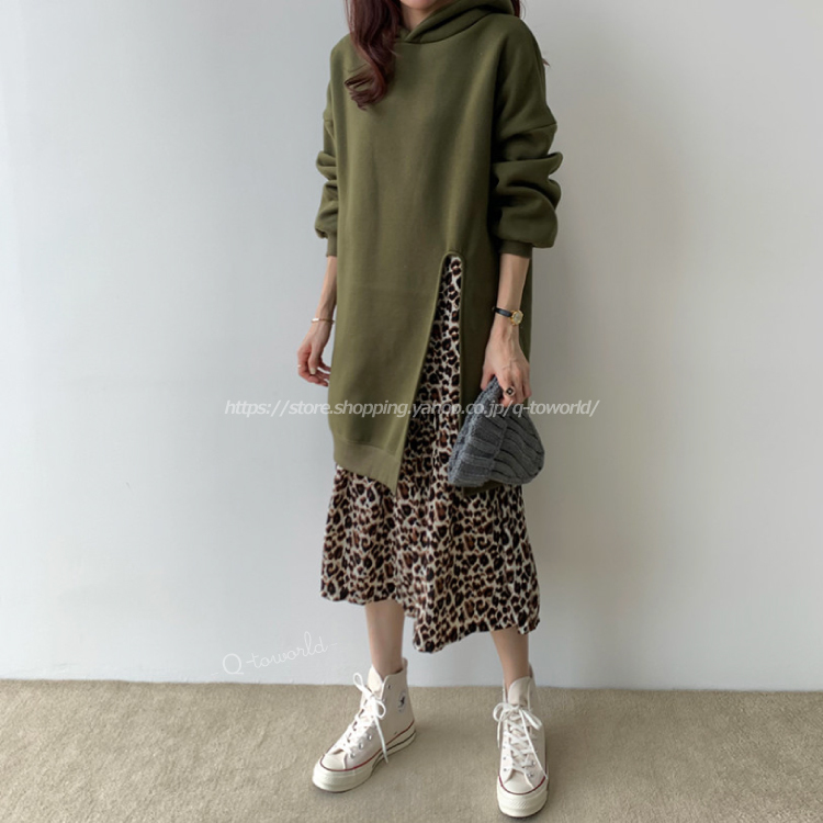F ワンピース 長袖 切替 レオパード 体型カバー フード付き レディース Q Toworld キュートワールド 子供服 メール便は何点でも送料の合計は280円