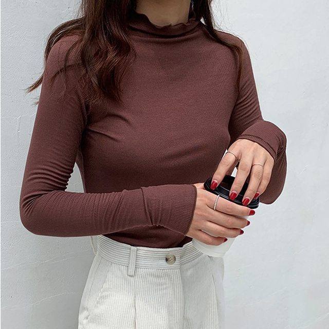 フリルハイネックカットソー トップス レディース カットソー ロンt 長袖 ハイネック フリル メロウ加工 リブ カラー豊富 ガーリー 大人ガーリー カジュアル 大人カジュアル 夏 春 Tp 0974 Y Hapi Hapi Girl ハピ ガル