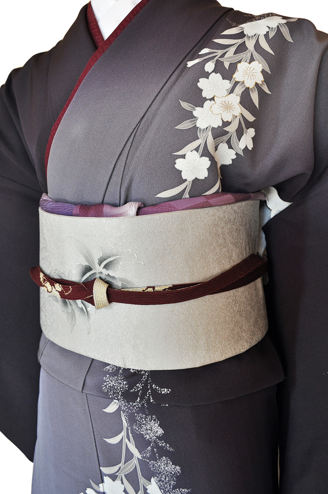 訪問着レンタル■紺色と灰色の片身違いに流れるような桜の花柄■正絹フリーサイズhu7〔往復送料無料〕 - 画像3