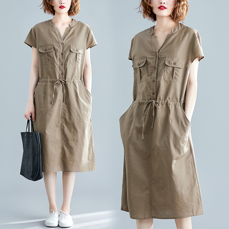 ワンピース ドレス シャツワンピース 春ワンピース フレアワンピ ウエスト紐 ポケット フレンチスリーブ リネン Vネック 夏 大きいサイズ 10代 代 30代 40代 50代 Ptngt0265 Shop Suba