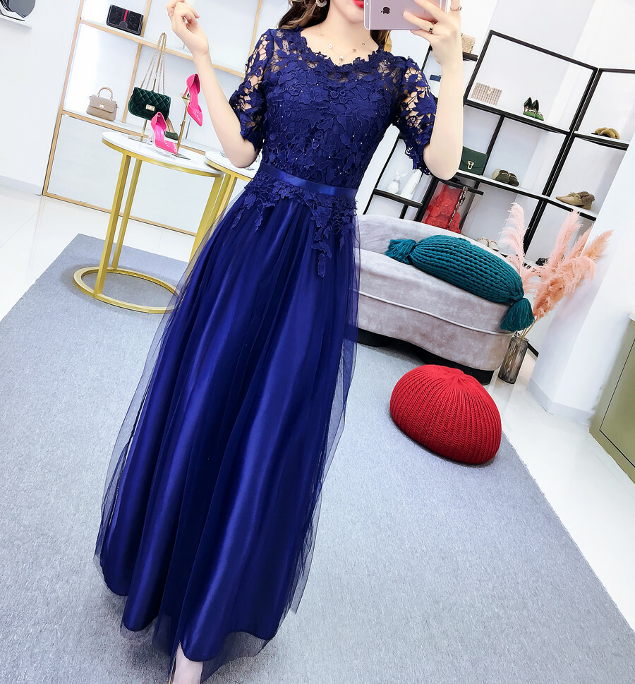 レース透かし チュールロングドレス 3色（赤 青 ピンク）韓国 パーティードレス オルチャン ドレス 結婚式 お呼ばれ ドレス フォーマル