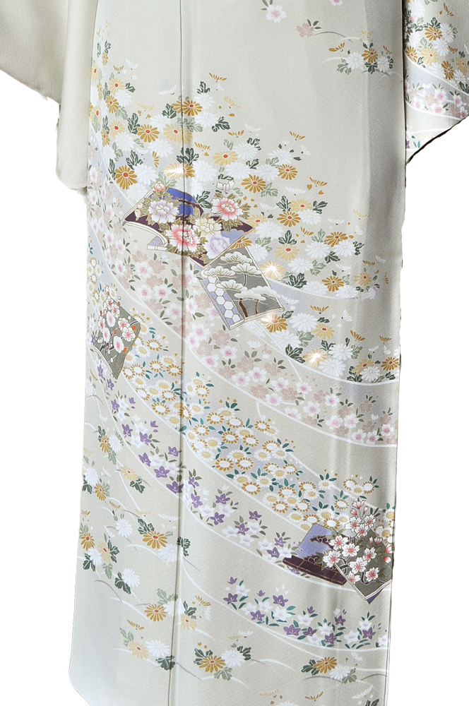 訪問着レンタル■上品なベージュ地に菊・桜・梅の小花柄■正絹フリーサイズhu10〔往復送料無料〕 - 画像5