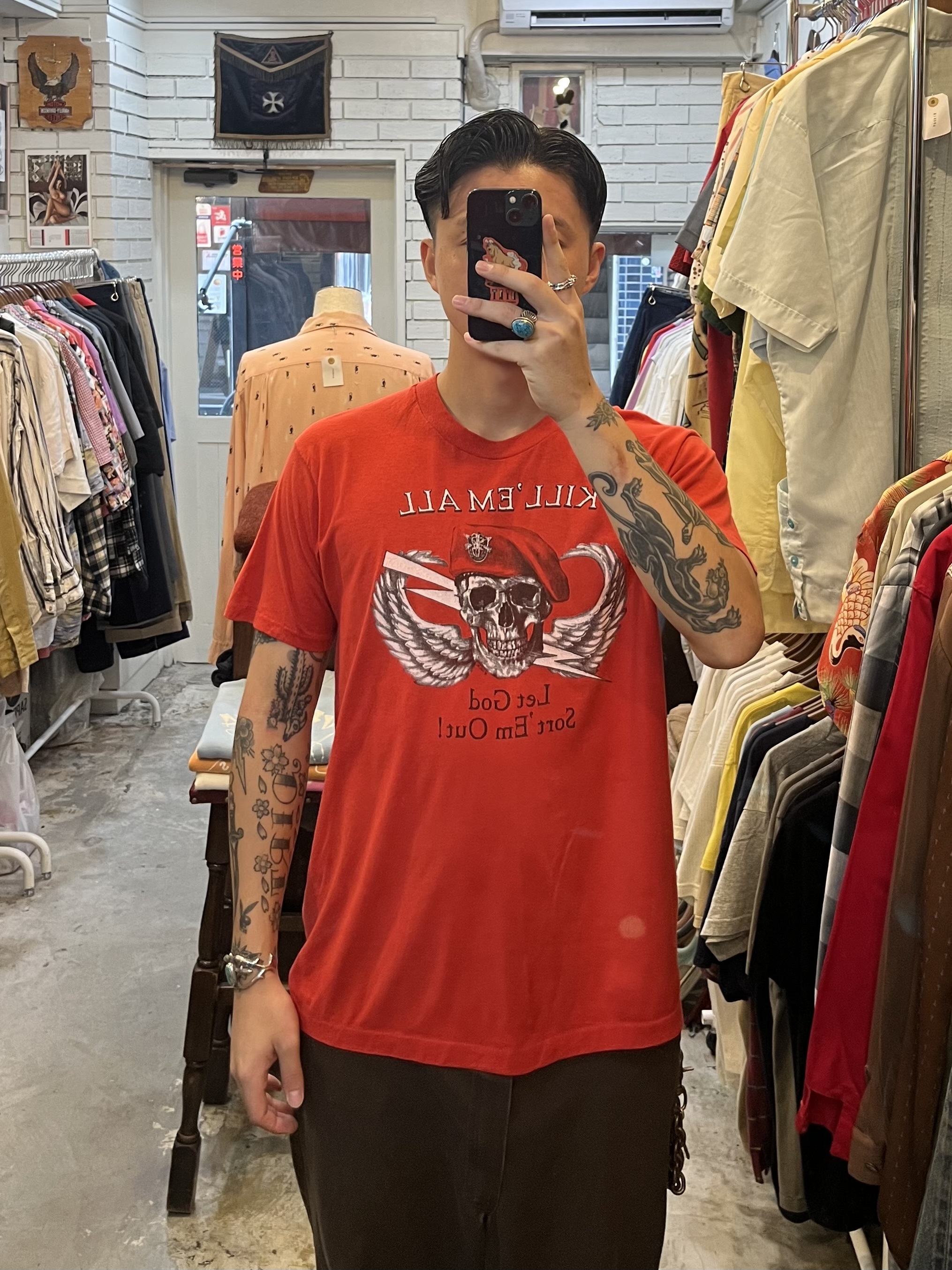 80’s スカル プリントTシャツ XL レッド の画像 3