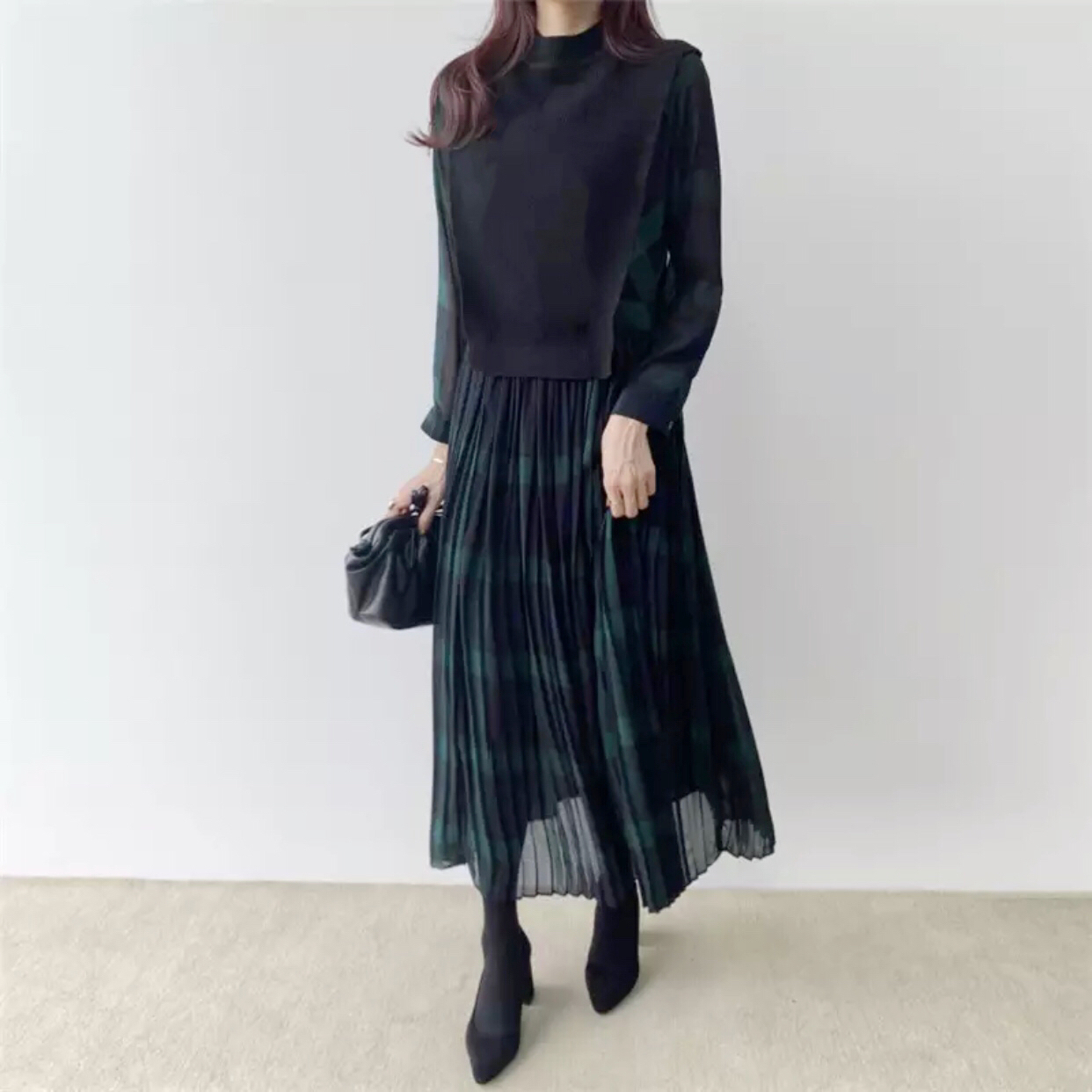 グリーンチェック プリーツワンピース プリーツロングスカート ベスト付き ロングスリーブ ワンピース 9style
