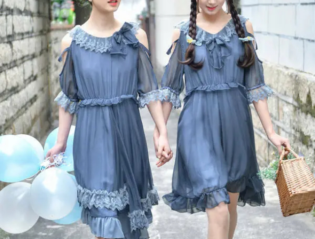 ワンピース 双子コーデ 青色 かわいい 夏 フリル 韓国ファッション