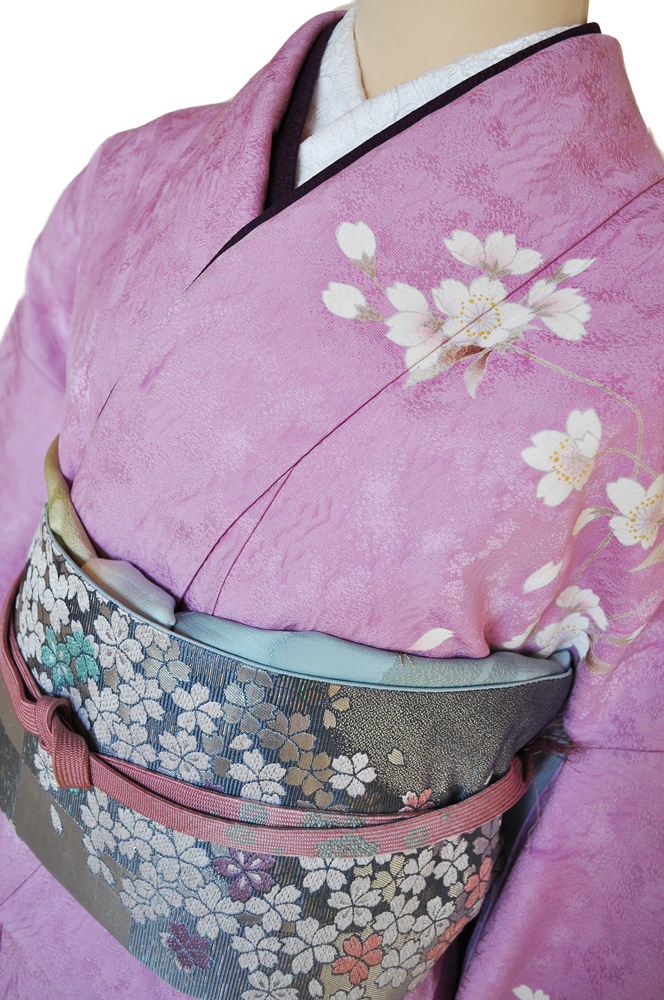 訪問着レンタル■ローズ色に裾濃淡桃ぼかしそして桜の花柄が鮮やかに■正絹フリーサイズhu4〔往復送料無料〕 - 画像3