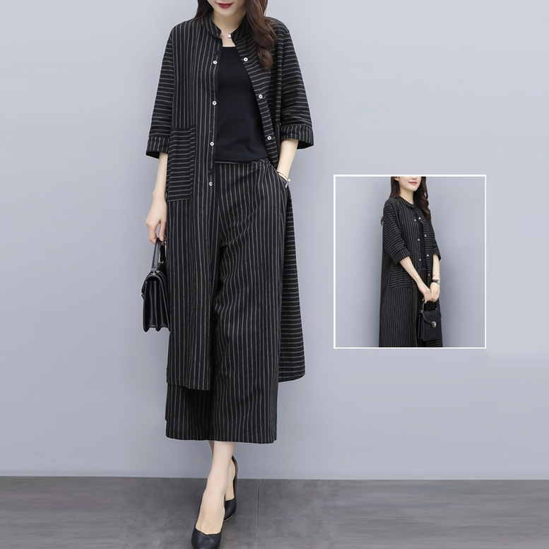 セットアップ レディース ロングシャツ＋ワイドパンツ 2点セット ツーピース 上下セット ストライプ