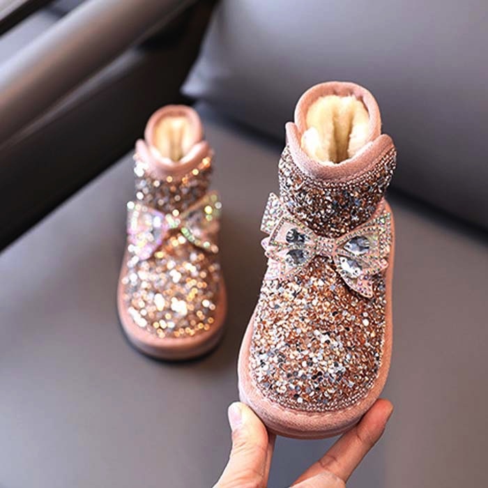 キッズ 子供用ムートンブーツ ラメ リボン ふわふわ もこもこ 暖か 可愛い 女の子 ジュニア サイズ豊富 13 5cm 23cm Sno