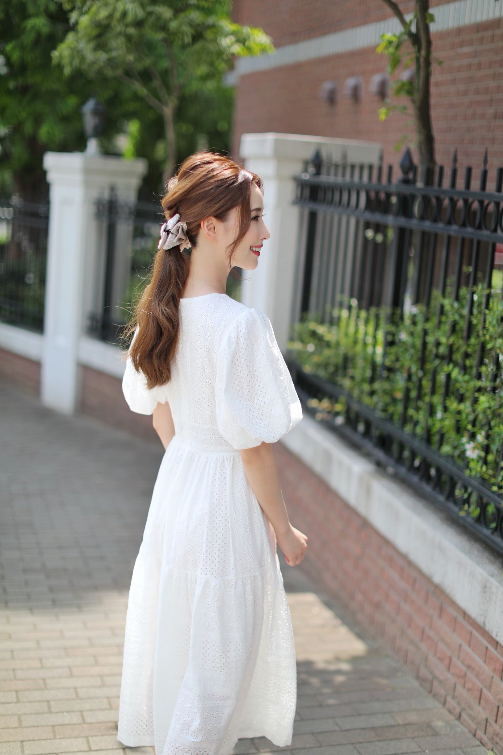 コットンレース パフスリーブロングワンピース Montresor