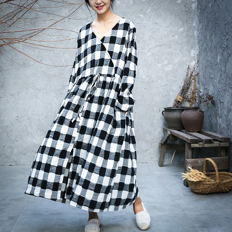送料無料 ロング丈ワンピース リネンワンピ シャツワンピ 長袖 カシュクール チェック柄 秋 冬 カジュアル ゆったり 体型カバー デイリー お出かけ デート Eine Katze